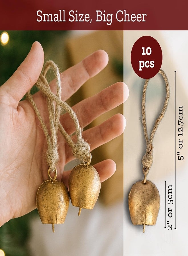 Mie Creations Set of 10 Rustic Vintage Cow Bells, Handmade Christmas Bells on Jute Rope, Decorative Christmas Tree Ornaments, 2 in Jingle Bells for Crafts, Metal Hanging Wreath Cowbells- Antique Gold - Image 4